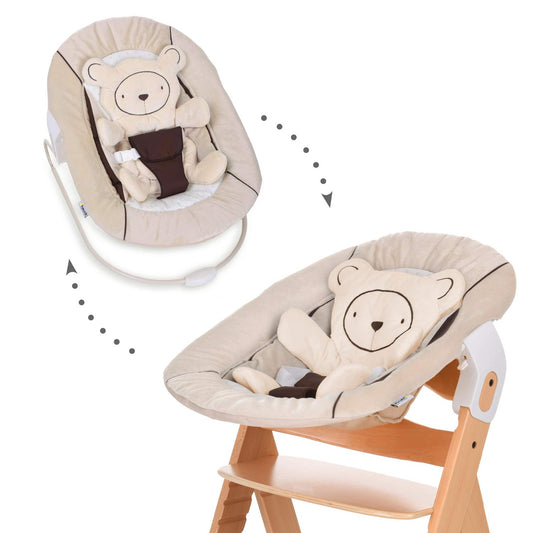 Hauck 2in1 Baby Bouncer & Newborn Attachment for Alpha+ & Beta+ Wooden High Chair Alpha Bouncer 2in1, for babies from birth up to 9 kg, with 3-point harness, teddy insert, and rocking frame (Hearts Beige)