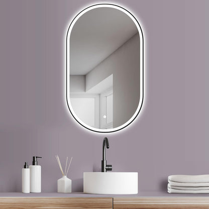 HOKO LED Design Bathroom Mirror oval 45x75 cm / 75x45 cm Brescia+ Black Metal Frame. VERTICAL+HORIZONTAL Installation. Lighted mirror, also Vanity Mirror+Touch Switch+Light Change-Warm White-Cool White-Neutral