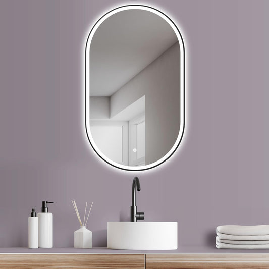 HOKO LED Design Bathroom Mirror oval 45x75 cm / 75x45 cm Brescia+ Black Metal Frame. VERTICAL+HORIZONTAL Installation. Lighted mirror, also Vanity Mirror+Touch Switch+Light Change-Warm White-Cool White-Neutral
