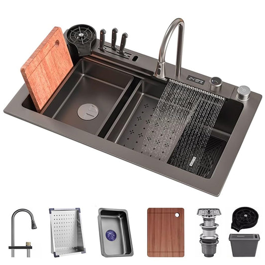 304 stainless steel waterfall sink with digital display, bar sink with tool holder, nano-coated workstation sink with pull-out faucet and cup washing system (size: 75 x 46 x 21 cm).