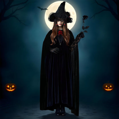 FHzytg Witch Costume Women Halloween, Halloween Costume Women with Black Cape, Lace Mask Necklace Gloves, Halloween Witch Hat, Vampire Sexy Creepy Witch Costume Cosplay Party