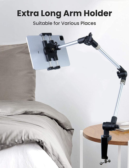 Metal Long Arm Tablet Holder, woleyi Adjustable Tablet Stand for Bed Desk Kitchen, Flexible Foldable Aluminum Tablet Clamp for iPad Pro 12.9 Air Mini, Galaxy, Switch, iPhone 4-13"