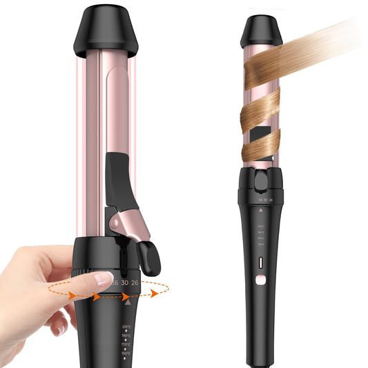 26/30/36mm curling iron, 3 in 1 curling iron for short and long hair, Rotating ring to switch sizes without changing accessories, Dual voltage for travel (Black-Rose)