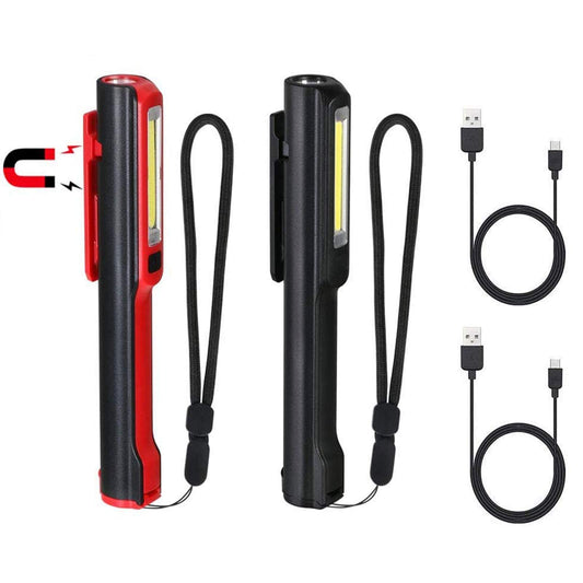 Flintronic LED work light, flashlight workshop lamp rechargeable, 3W head & COB | SOS flashing | Magnetic clip & base | 5 brightness modes for workshop-automotive-camping emergency - 2Pcs