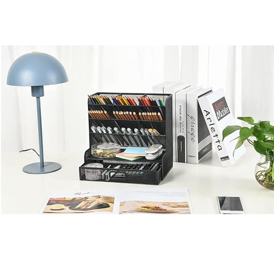Marbrasse Mesh Desk Organizer, Multifunctional Pen Holder, Desk Organizer, Storage Shelf for School and Home Office Supplies (Black with Drawer)