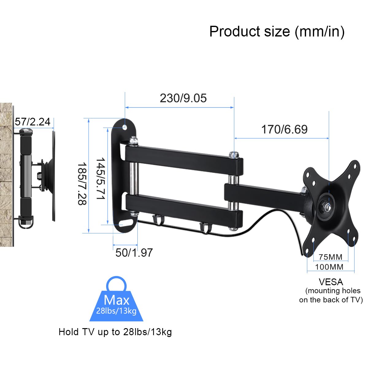 suptek TV wall mount swivel tilt rotation for 15-32 inch flat & curved TVs or monitors, holds up to 13kg. VESA 100x100mm/75x75mm.