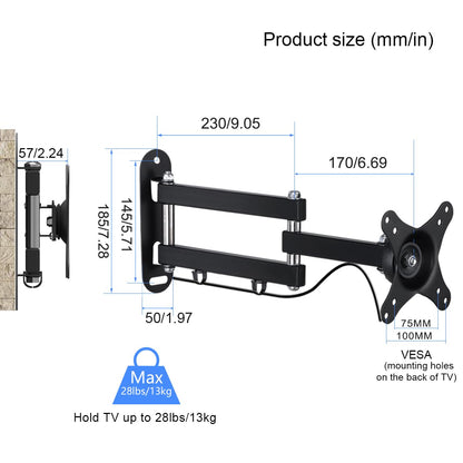 suptek TV wall mount swivel tilt rotation for 15-32 inch flat & curved TVs or monitors, holds up to 13kg. VESA 100x100mm/75x75mm.