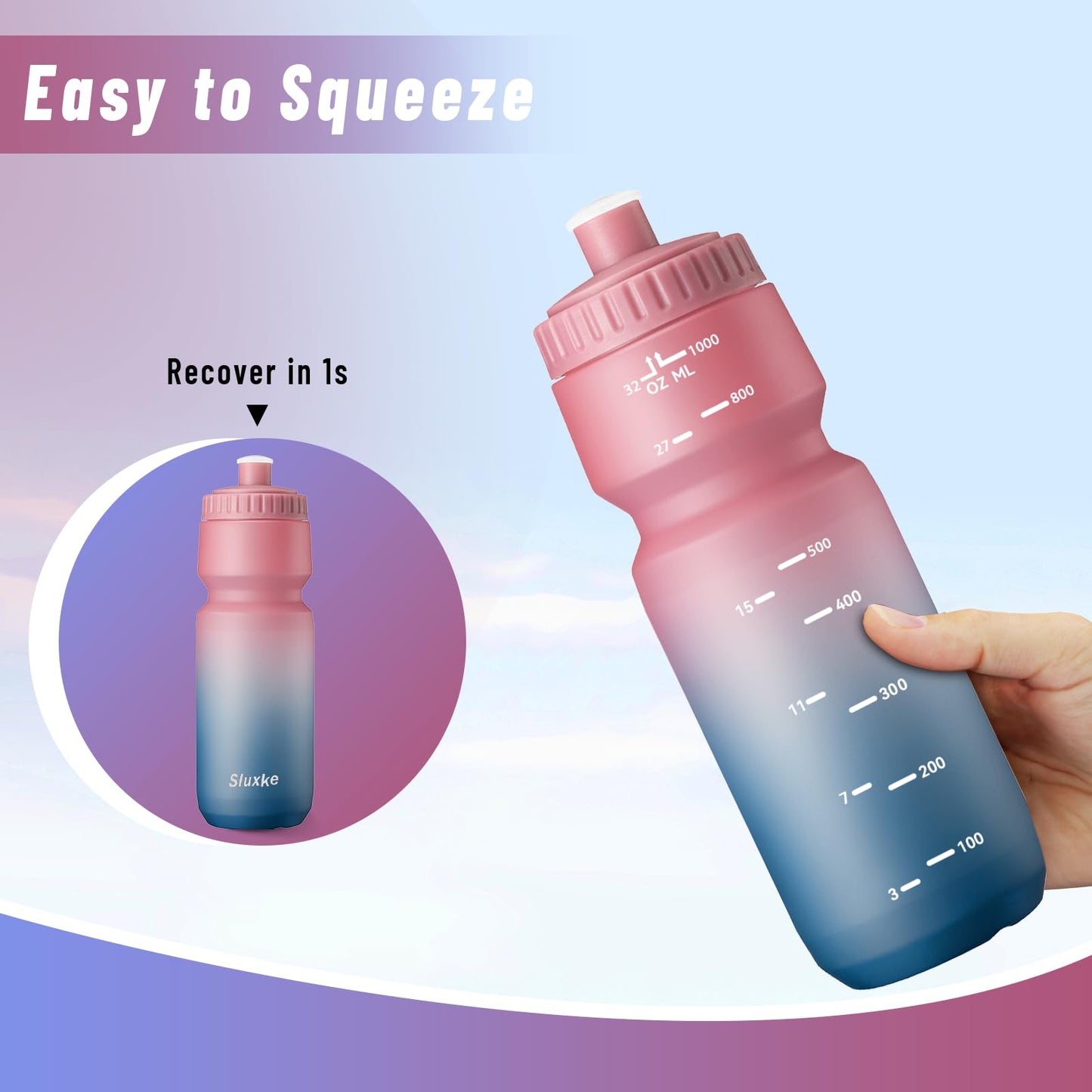 SLUXKE 1L Bike Water Bottle 2 Pack, Easy Squeeze Bicycle Bottles 1000ml BPA Free, No Odor, Leakproof, Suitable Racing Bike Bottle for Outdoor, Fitness, Cycling, Running