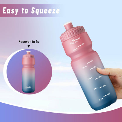 SLUXKE 1L Bike Water Bottle 2 Pack, Easy Squeeze Bicycle Bottles 1000ml BPA Free, No Odor, Leakproof, Suitable Racing Bike Bottle for Outdoor, Fitness, Cycling, Running