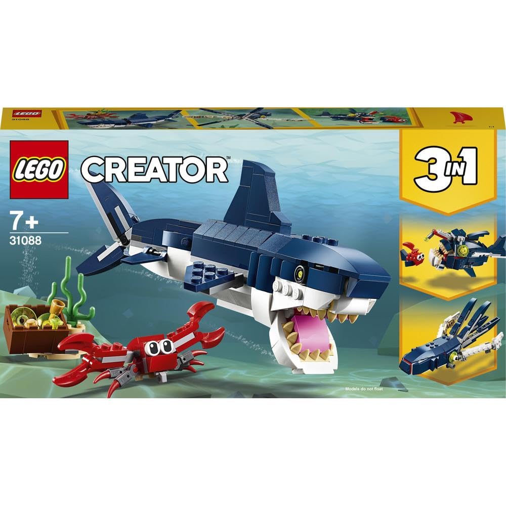 LEGO 31129 Creator Majestic Tiger, Panda or Fish & 31088 Creator Deep Sea Creatures, toy with sea animal figures: Shark, Crab, Squid, and Anglerfish, set for kids ages 7+.