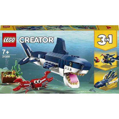 LEGO 31129 Creator Majestic Tiger, Panda or Fish & 31088 Creator Deep Sea Creatures, toy with sea animal figures: Shark, Crab, Squid, and Anglerfish, set for kids ages 7+.