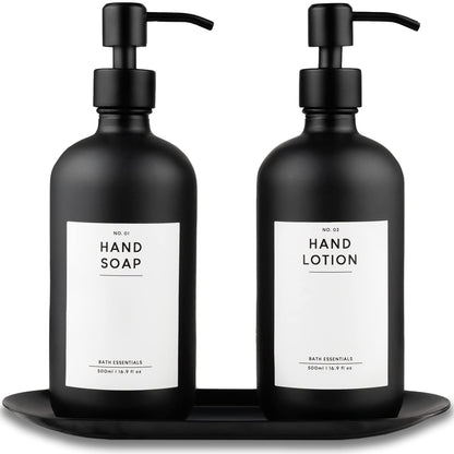 MONOKO 2-Piece Set Soap Dispenser Matte Black Glass with Tray | 500ml Kitchen Dish Soap Dispenser | Refillable Bottles | Stainless Steel Pump Head | Pump Bottle + Sticker