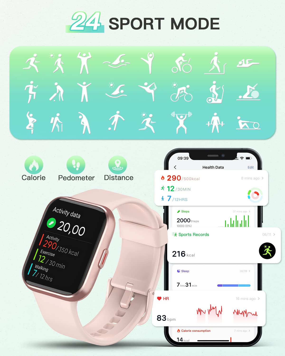 Women's smartwatch with phone function, 1.7" touchscreen pedometer watch with Alexa, 60+ sport modes, heart rate monitor, sleep monitor, SpO2, Whatsapp reminders, IP68 waterproof fitness tracker.