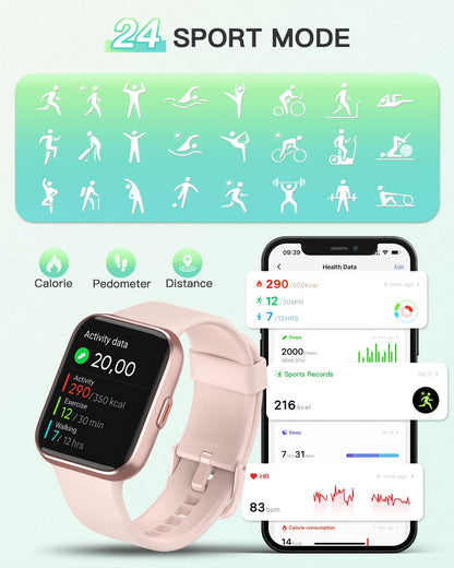 Women's smartwatch with phone function, 1.7" touchscreen pedometer watch with Alexa, 60+ sport modes, heart rate monitor, sleep monitor, SpO2, Whatsapp reminders, IP68 waterproof fitness tracker.