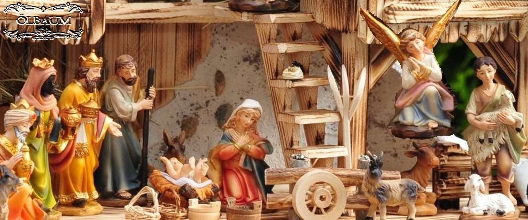 Large Christmas Nativity scene, with fountain + decorations, approx. 60 cm solid wood historically brown complete with fountain set - with 12 x PREMIUM Nativity figures + golden angel