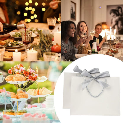 Gift bags with silver ribbon, luxurious gift bags for birthday, wedding, party, bridesmaid, bridal party, 32 x 24.9 x 9.9 cm, white, 8 pieces.