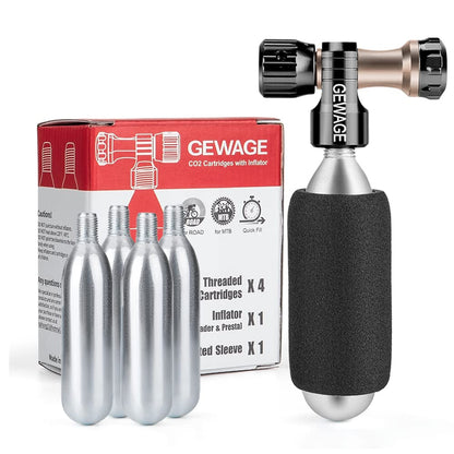 DARE CO2 bicycle pump for bike tires - CO2 bike pump including 4 pack CO2 cartridges 16g with thread and compatible Presta & Schrader valve for mountain bike and road bike. (Black)