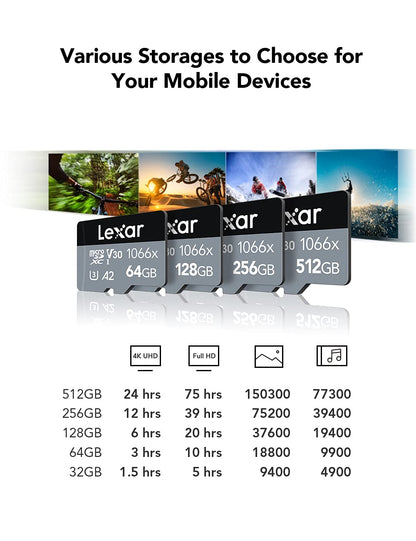 Lexar Professional 1066x Micro SD Card 256GB, microSDXC UHS-I SILVER Series Memory Card, Includes SD Adapter, Up To 160MB/s Read Speed, for Action Cameras, Drones, Mobile Phones (LMS1066256G-BNAAG)