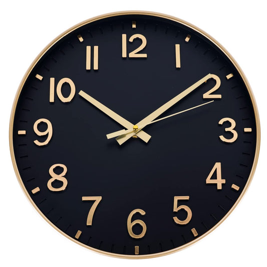 HZDHCLH Funk Wall Clock 30 cm Silent Wall Clock Without Ticking, Modern Battery Operated Clock for Home, Kitchen, Living Room, Office, Wall Decoration (Black Gold)