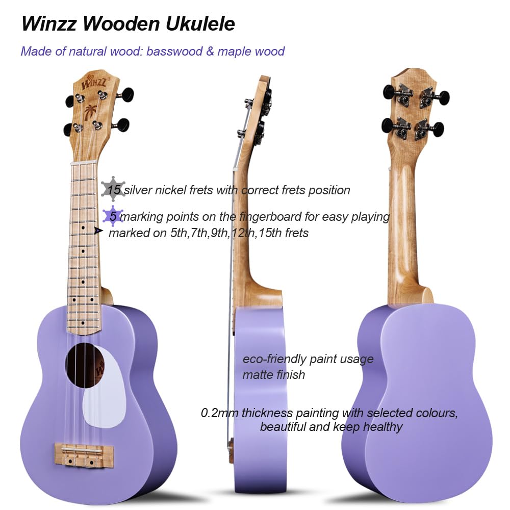 Winzz Soprano Ukulele for Kids, Ukulele Set for Adult Beginners, 21 Inches, with 9 Accessories, Small Beginner Children's Guitar 4 Strings (Color: Purple, Wood)