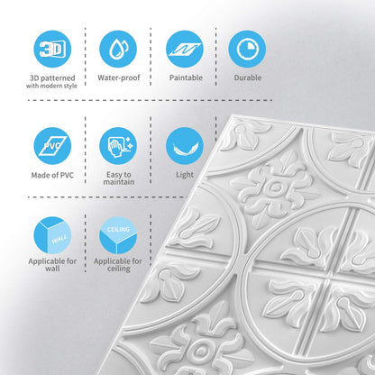Art3d 12 pieces, 4.5 sq.ft Ceiling Tiles, 3D Wall Panels, 61 x 61 cm, Self-Adhesive, Classic Style, White.