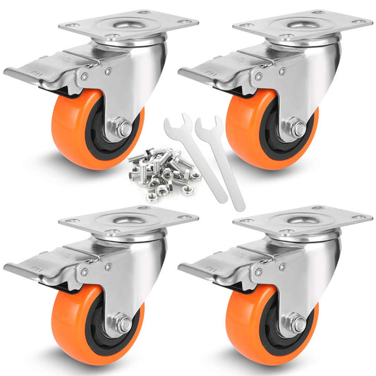 WBD WEIBIDA 75mm furniture casters with 4 brakes, double locking 360-degree polyurethane swivel casters heavy duty with 450kg load capacity, silent casters for furniture transport, table, cabinet, set of 4