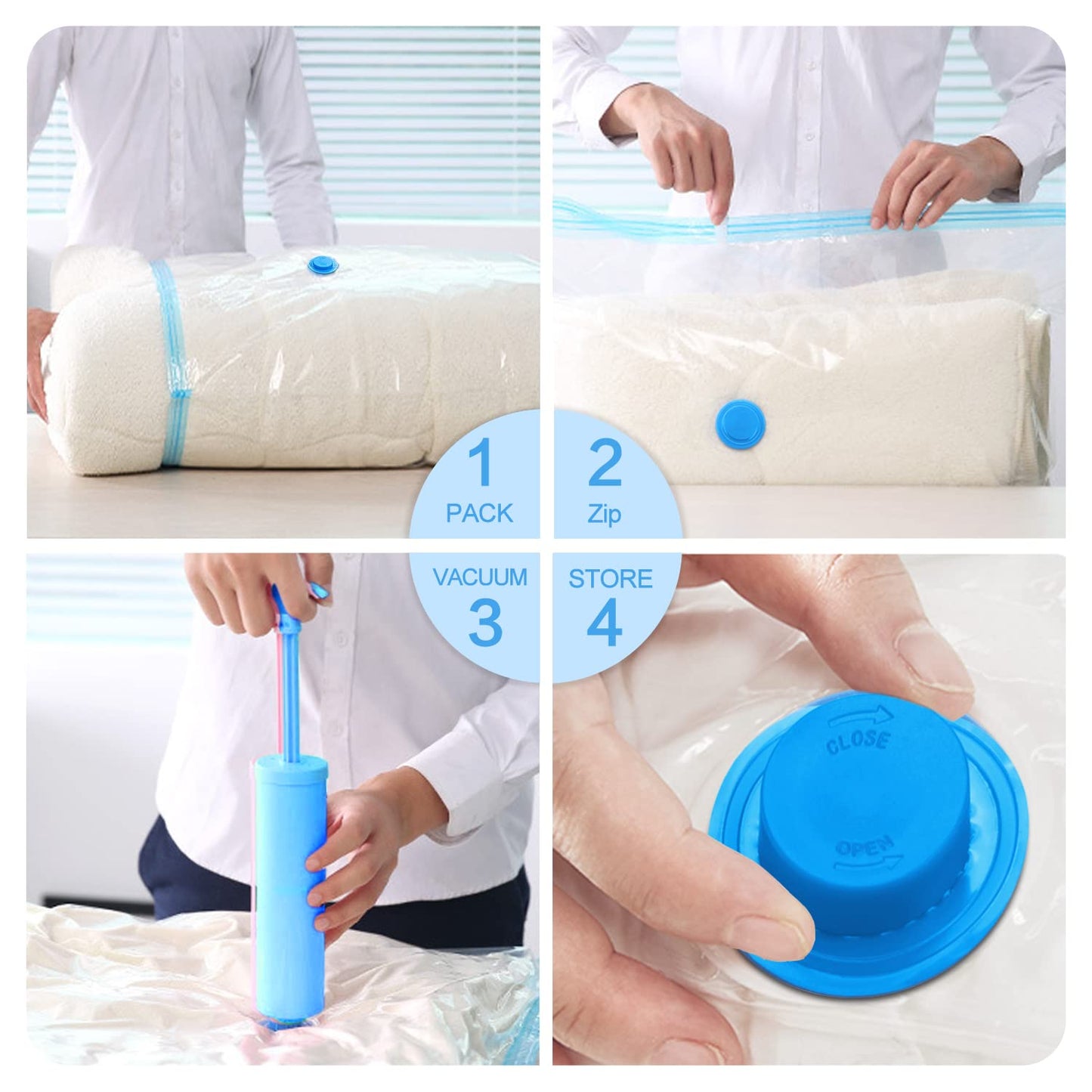 Vacuum storage bags for clothing and comforters, 20 pieces in 5 sizes (100x80, 80x60, 70x50, 60x40, and 60x40cm for travel) with a vacuum hand pump.
