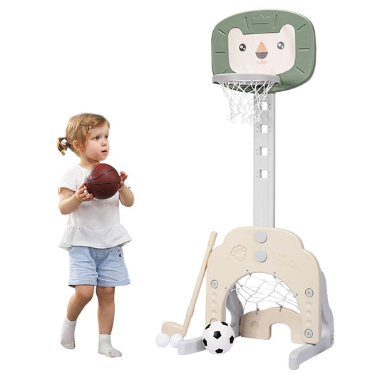 COSTWAY 3 in 1 Children's Playground, adjustable height basketball hoop & soccer goal & golf, basketball stand with balls and golf club, hoop system for indoor and outdoor areas (Green)