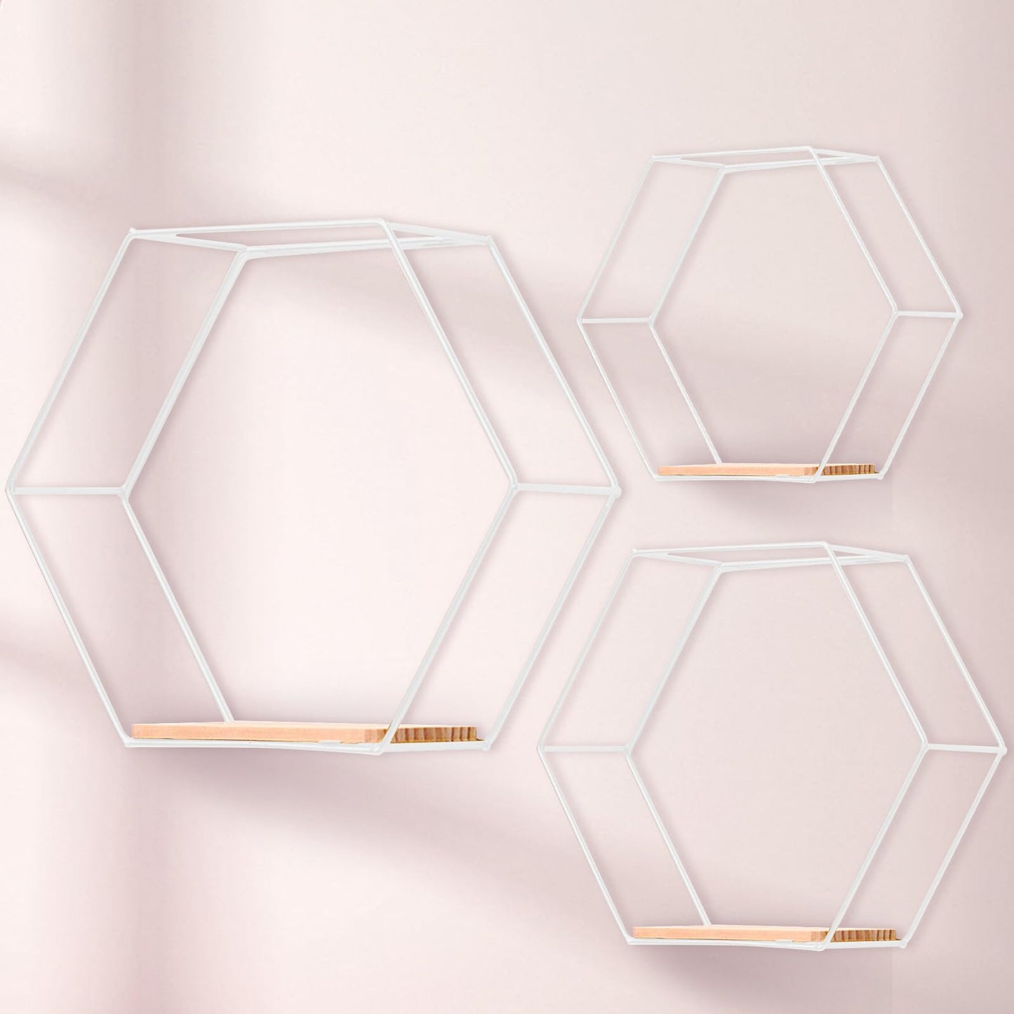Hexagon wall shelf white metal 3 piece set, shelf wall decor hanging shelf loft wall shelves, wall shelf white for wall decor in living room, bedroom, bathroom, cafe, and hotel.