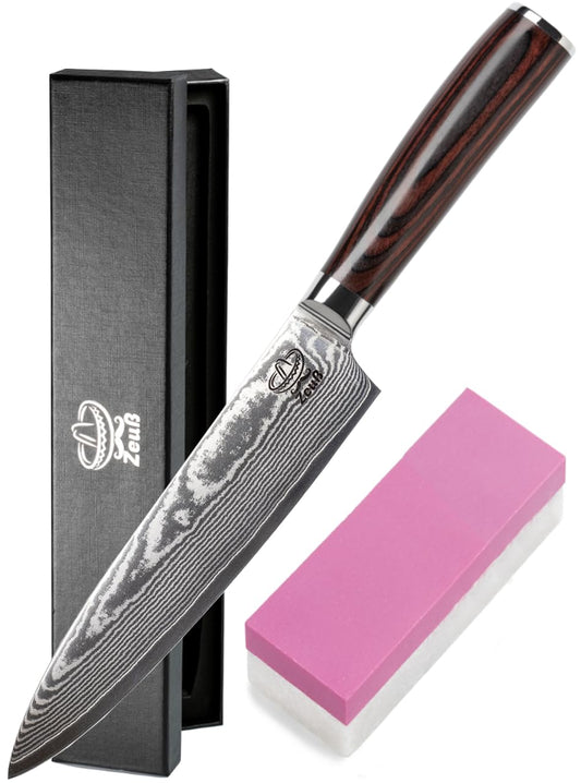 ZEUS Damascus Knife Kitchen Knife XL (32cm) Professional chef's knife made of genuine 67 layers of Damascus steel I Damascus kitchen knife and chef's knife with sharpening stone, wooden handle, blade cover, and gift box