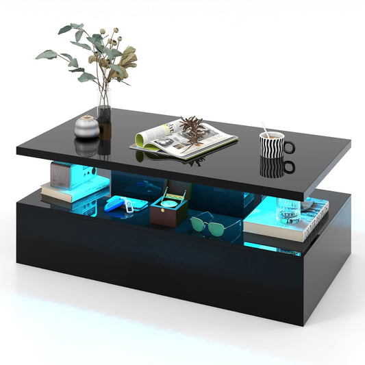 COSTWAY LED coffee table high gloss, living room table with adjustable light colors & brightness, remote control, 2-tier coffee table, rectangular sofa table for living room, black, 110 x 60 x 40 cm.