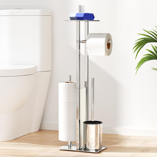 Stainless Steel Freestanding Toilet Paper Holder with Toilet Brush - Toilet Paper Holder with Tray, Toilet Paper Holder with Toilet Brush, Toilet Roll Holder with Glass Shelf (Silver)