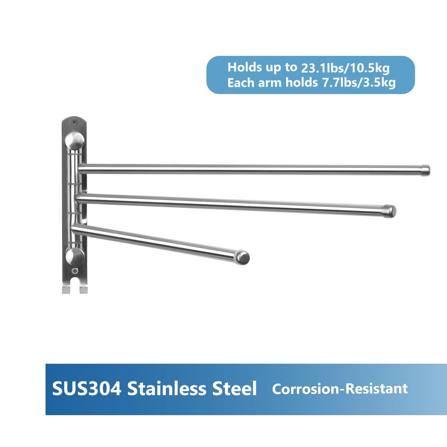 JSVER Stainless Steel Towel Rack 40CM, Towel Holder 180° Rotation with 3-Arm Swivel Arm Towel Bar with Hooks Space-saving for Bathroom, Kitchen, and Wardrobe - Silver.
