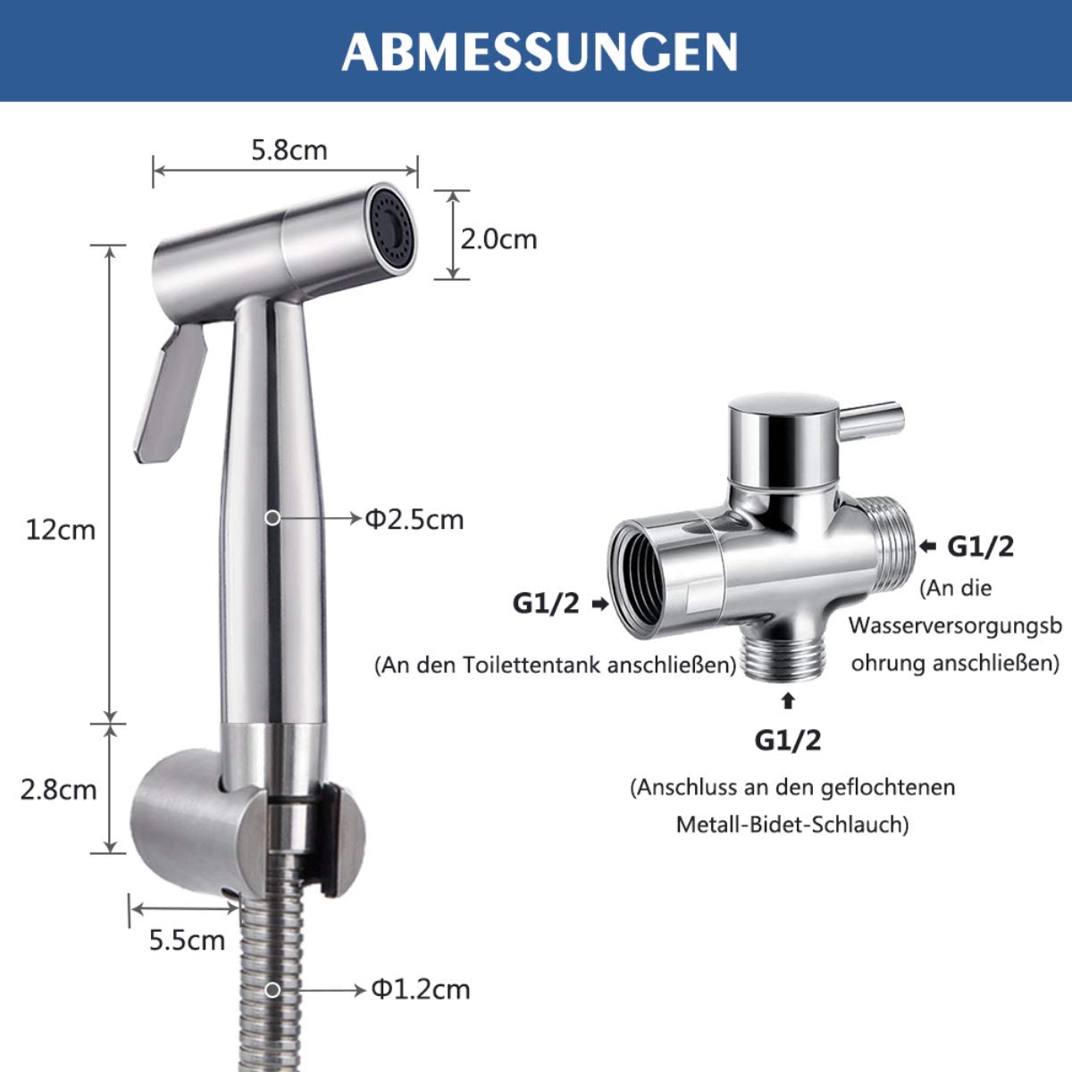Handheld shower bidet for bidet faucets WC with G1/2" valve and a G3/8" toilet adapter Stainless steel shower head Diaper shower Pet bath