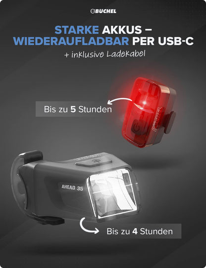 Büchel Ahead bicycle lights set I 35/15 lux design centered on the handlebar StVZO approved Rechargeable LED bike light for front + rear taillight, bike light, black