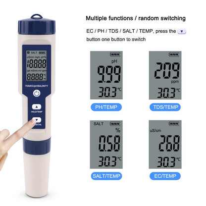 Meichoon 5 in 1 TDS/EC/pH/Salinity/Temperature Meter Digital Water Quality Tester for Hydroponics Aquariums Pools Drinking Water DH12