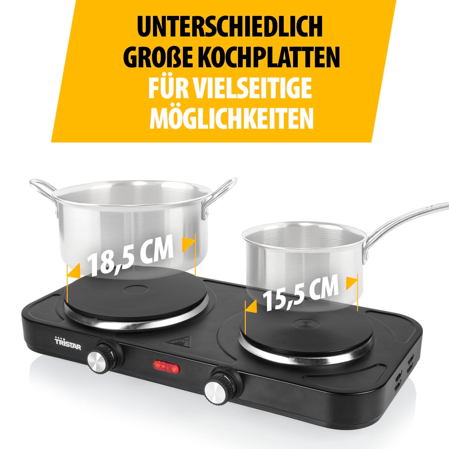 Tristar Portable Cooktop - Double Burner - For student housing, camping, American cuisine - 15.5 and 18.5 cm diameter - Adjustable thermostat - 2500 W - KP-6152