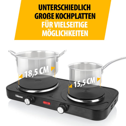 Tristar Portable Cooktop - Double Burner - For student housing, camping, American cuisine - 15.5 and 18.5 cm diameter - Adjustable thermostat - 2500 W - KP-6152