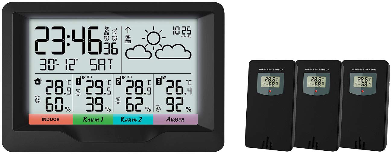 infactory Weather Station 3 Sensors: Wireless weather station; 3 wireless sensors; indoor/outdoor; XL display; Alarm clock (wireless thermometer with 3 sensors, wireless weather station with 3 sensors, digital wall clock)