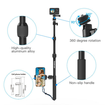Smatree DS11S telescopic pole made of aluminum alloy, selfie stick, compatible with GoPro Hero 13/12/11/10/9/8/7/6/5/4/3/2/1, DJI Osmo, and other action cameras with 1/4" thread (15.8"-40.5")