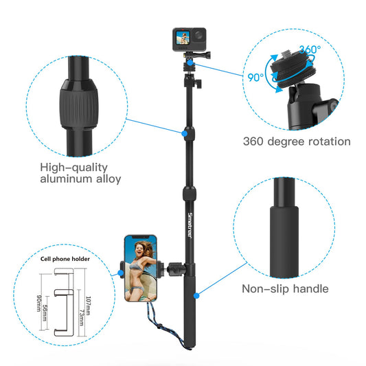 Smatree DS11S telescopic pole made of aluminum alloy, selfie stick, compatible with GoPro Hero 13/12/11/10/9/8/7/6/5/4/3/2/1, DJI Osmo, and other action cameras with 1/4" thread (15.8"-40.5")