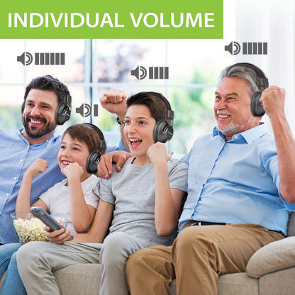 Avantree Quartet Wireless Headphones 4 Pack, Excellent HD Sound, Up to 100 Meters, Quiet Disco Party Package, 2 EQ Modes, Assistive Listening System for Outdoor Movie School, Church, TV
