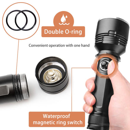 LED flashlight, 3000 lumens diving light up to 150m depth, IPX8 waterproof, battery-powered and rechargeable underwater light with 1 * 26650 battery for diving, camping, outdoor, hiking.