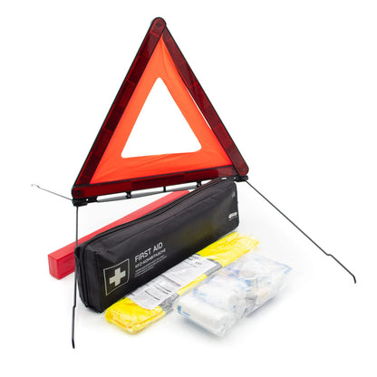 Vehicle first aid kit including warning triangle and high-visibility vest according to current DIN 13164:2022 | Valid for 2025 | First aid kit for car/motorcycle | black | long format
