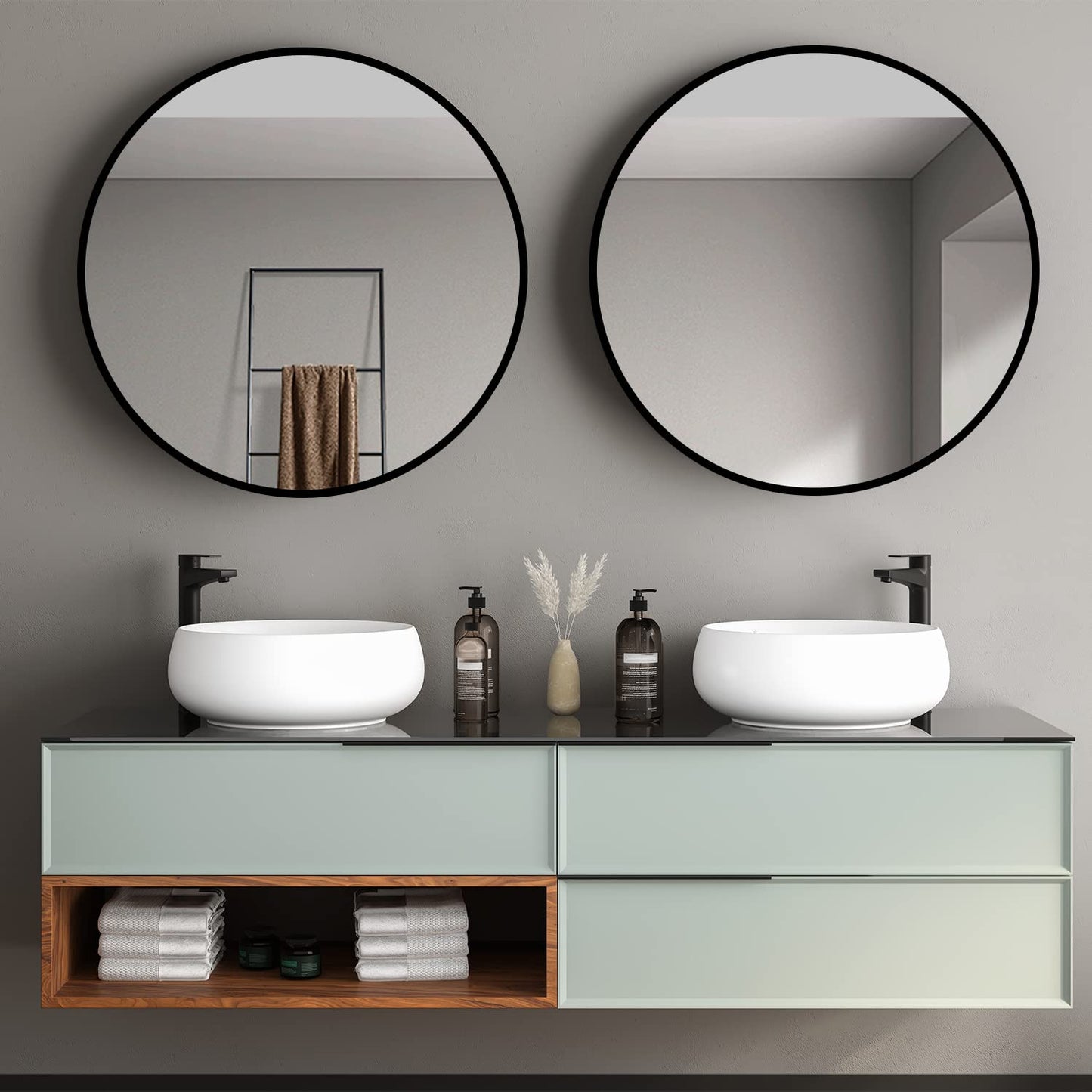 Boromal Black Mirror 60cm Metal Frame Round Bathroom Mirror Wall Mirror Black for bathrooms, washrooms, bedrooms.