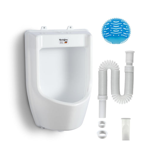 Plastic urinal with hose, urinal strainer & accessories - men's toilet set stand-up toilet, plastic wall pisuar for garden toilet house, camping, construction site - white PVC