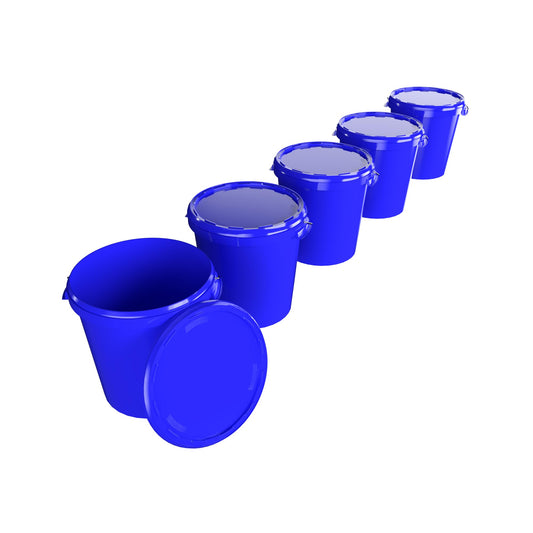 5 buckets with lids 30 liters Made in Germany - food-safe, stable, airtight - storage buckets for food, office supplies, kids' room, household, workshop, catering Blue