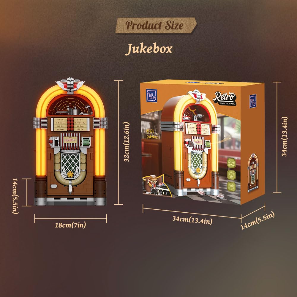 PANTASY Retro Jukebox building set with coin & sound function. Mechanical Music Box model with acrylic records, recording studio & minifigure. Collector set as a gift for adults and teenagers.