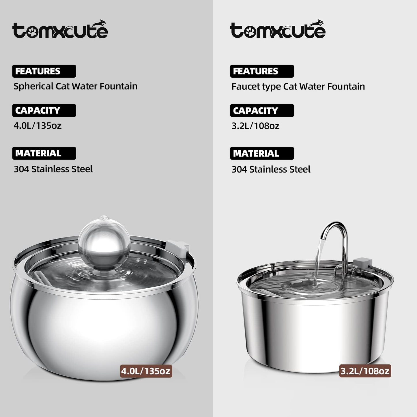 TOMXCUTE Cat Fountain, 4L Drinking Fountain for Cats made of Stainless Steel with Toy Ball Design, Dishwasher Safe, Ultra-Quiet Cat Drinking Fountain with 3 Carbon Filters and 1 Sponge, for multiple