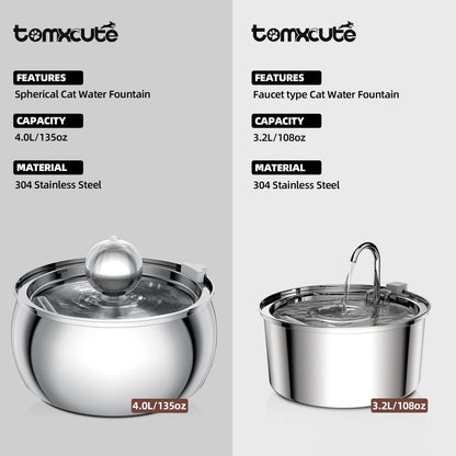 TOMXCUTE Cat Fountain, 4L Drinking Fountain for Cats made of Stainless Steel with Toy Ball Design, Dishwasher Safe, Ultra-Quiet Cat Drinking Fountain with 3 Carbon Filters and 1 Sponge, for multiple